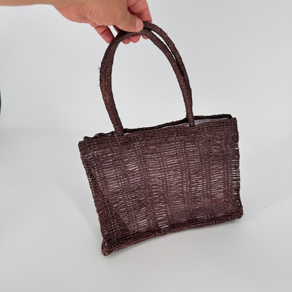 Vintage 90s J.Crew Straw Tote Bag Brown Pink Eyelet Interior Raffia Coastal Boho - Picture 2 of 11